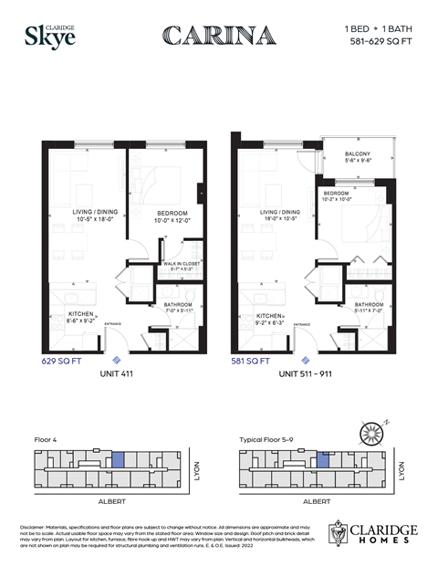 Floor plan for 1 bed, 1 bath, 581 sqft